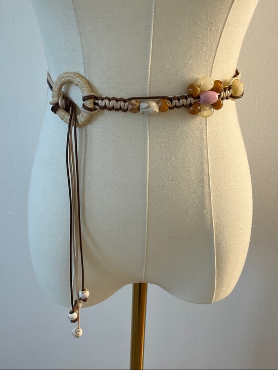 Accessories - Brown Beaded Waist Belt with Cream Ring